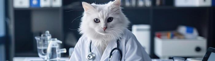 ai generiert ein Weiß Katze gekleidet wie ein Tierarzt tragen ein Labor Mantel und Stethoskop foto
