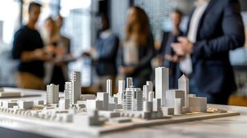 ai generiert ein skaliert architektonisch Modell- von Stadtbild auf Tabelle mit Geschäft Menschen im Hintergrund diskutieren. foto