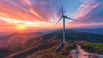 ai generiert ein Single Wind Turbine steht hoch gegen ein lebendig Sonnenaufgang Über bergig Terrain, ein Symbol von nachhaltig Energie im Harmonie mit Natur. foto