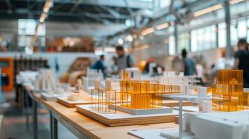 ai generiert ein Ausstellung Raum gefüllt mit architektonisch Modelle, präsentieren innovativ Gebäude Designs und Konzepte im ein kreativ Umfeld. foto