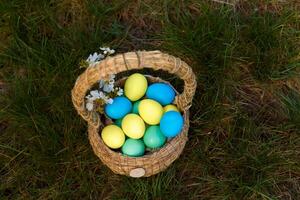 Farbe Eier zum Ostern, hell Ostern Urlaub, Kinder Farbe Eier, farbig Eier im ein Korb, farbig Eier auf ein Stand, Urlaub Hintergrund foto