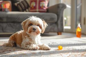 ai generiert Hund Lügen neben Teppich beflecken Entferner Flasche auf ein sonnendurchflutet gemütlich Zuhause Teppich foto