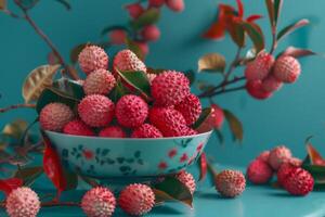 ai generiert Litschi im ein rot Schüssel bietet an ein frisch tropisch Obst locken mit Süss exotisch Charme foto