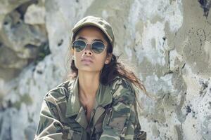 ai generiert zuversichtlich Modell- im Fashion Forward Militär- tarnen und Sonnenbrille posieren durch Felsen foto