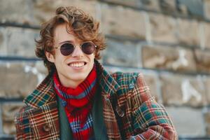 ai generiert modisch männlich Modell- im kariert Mantel und Sonnenbrille lächelnd selbstbewusst draußen foto