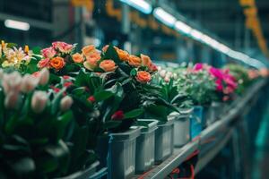 ai generiert Blumen im ein Verpackung Einrichtung auf Förderer mit Tulpen und Rosen Anzeige Industrie Produktion foto