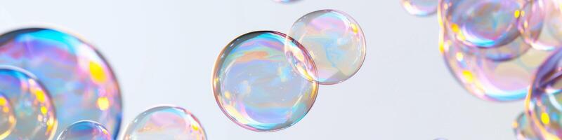 ai generiert reflektierend Seife Luftblasen mit irisierend Farben und Licht schwebend zart foto