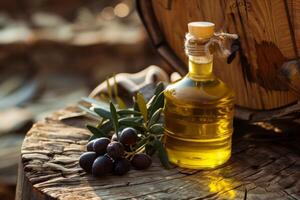 ai generiert Olive Öl Flasche neben hölzern Fass auf rustikal Tabelle mit Ast und Beeren foto