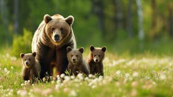 ai generiert braun Bär Mutter mit Jungen im das wild auf ein üppig Grün Wiese mit ein verschwommen Wald im das Hintergrund foto