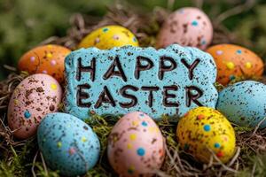 ai generiert ein Stein mit das Inschrift glücklich Ostern und bunt gemalt Eier Nächster zu es foto