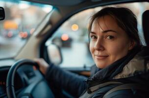 ai generiert Frau Treiber Abend Stadt foto