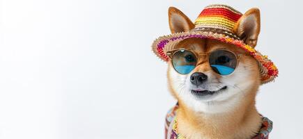 ai generiert Hund im Spaß festlich Hut. Shiba inu Haustier im Party Kostüm. ai generiert. Geburtstag Porträt von Tier auf sauber Weiß Hintergrund und spotten oben foto