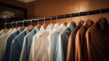ai generiert Hemden auf Aufhänger. einstellen von Kleider im das Geschäft Kleiderschrank oder passend zu Zimmer. ai generiert foto