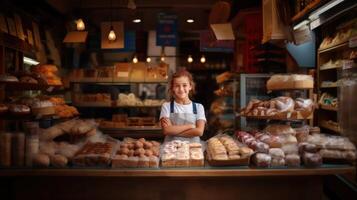 ai generiert wenig Mädchen hinter das Zähler verkauft Brot. Porträt von Kind, Arbeiten wie Bäcker. wählen Zukunft Beruf. foto