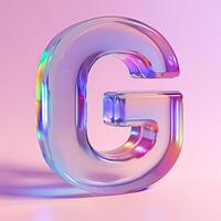 ai generiert Brief G, transparent Glas Wirkung. alphabetisch Rosa Neon- Schriftart. ai generiert. glänzend typografisch Zeichen mit Plastik lila Betrachtung foto