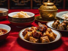 ai generiert ein beschwingt Verbreitung von Chinesisch Köstlichkeiten, vereinbart worden auf ein Tabelle geschmückt mit rot Seide Tischdecke foto