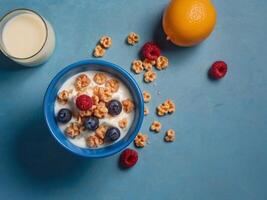 ai generiert Frühstück Mahlzeit mit Spritzen von Milch auf ein Müsli im das Blau Schüssel auf Licht Farbe Hintergrund foto