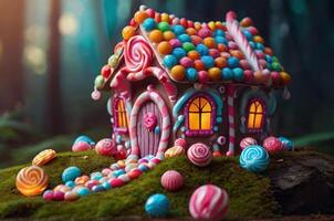 ai generiert Süßigkeiten Haus im Fantasie mystisch Wald mit Kopieren Raum Bereich foto