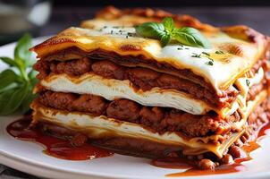 ai generiert ein lecker Lasagne, geschichtet mit Reich Tomate Soße, cremig Ricotta Käse, und Bohnenkraut Boden Rindfleisch, gekrönt mit geschmolzen Mozzarella und gebacken zu Perfektion foto