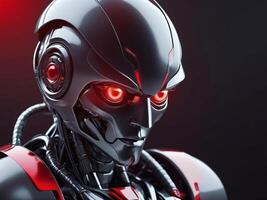 ai generiert Metall Roboter mit rot Augen im futuristisch Stil mit Kopieren Raum Bereich foto