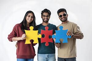 ai generiert Gruppe von indisch freunde halten Puzzle Puzzle Stücke auf Weiß Hintergrund foto