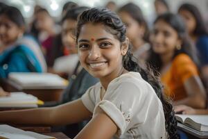 ai generiert Gruppe von glücklich indisch hoch Schule Studenten Sitzung im Klassenzimmer lächelnd beim Kamera foto