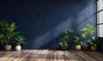 ai generiert 3d machen von Innere Zimmer mit Blau Mauer und Grün Pflanze. foto