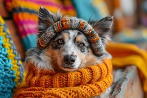 ai generiert Hund tragen gestrickt Hut und Schal generativ ai foto