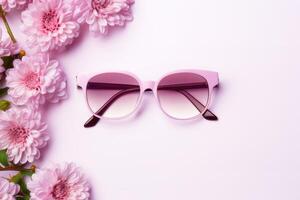 ai generiert Rosa Damen Brille auf ein Rosa Hintergrund mit Rosa Chrysantheme Blumen. KI-generiert Inhalt foto