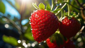 ai generiert Erdbeeren auf ein Ast im das Garten, Nahansicht foto