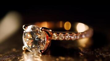 ai generiert Hochzeit Ringe mit Diamanten auf ein dunkel Hintergrund. selektiv Fokus. foto