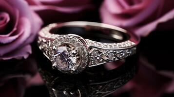 ai generiert Nahansicht Schuss von exquisit Diamant Engagement Ring zum perfekt Ehe Vorschlag foto