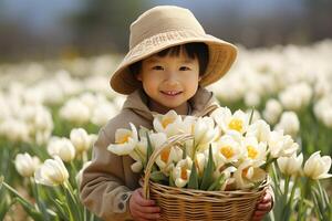 ai generiert bezaubernd asiatisch Junge Stehen im ein Narzisse Feld, halten ein Korb voll von beschwingt Narzisse Blumen foto