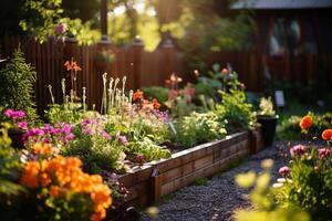 ai generiert bunt Blume Bett angezeigt im das üppig Gemüse Garten - - beschwingt blüht inmitten das Grün foto