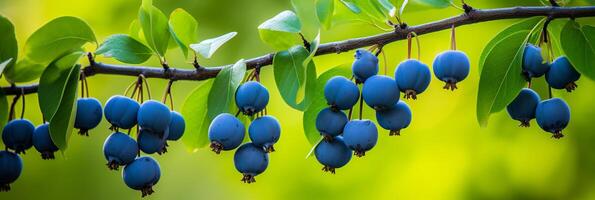 ai generiert frisch und saftig Saskatoon Beeren Hintergrund Banner zum Essen und Landwirtschaft Marketing foto