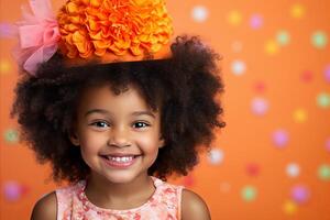 ai generiert glücklich schwarz Mädchen tragen Party Hut im festlich Feier mit leer Raum zum Text und Kopieren Raum foto