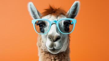ai generiert süß Alpaka tragen Sonnenbrille im komisch Pose auf beschwingt Orange Hintergrund mit reichlich Kopieren Raum foto