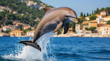 ai generiert spielerisch Delfin springen aus von Wasser mit Kopieren Raum, Ozean Tierwelt Fotografie foto