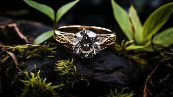 ai generiert Herrlich Gold Diamant Ring Lügen auf das Boden, Darstellen das Konzept von verlieren kostbar Schmuck foto