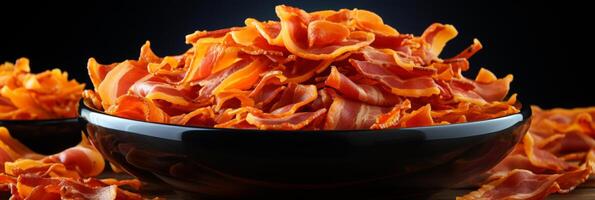 ai generiert knusprig gebraten Speck Streifen Hintergrund. köstlich Fleisch Snack zum Essen bloggen. horizontal Banner. foto