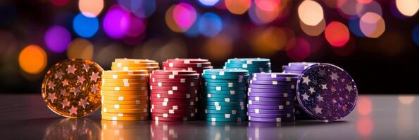 ai generiert bunt Kasino Chips mit Kopieren Raum. Poker Chip Stapel Hintergrund zum Glücksspiel Design Projekt. Banner foto