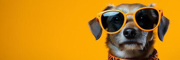 ai generiert cool Hund mit Sonnenbrille auf Orange Hintergrund - - perfekt zum Ferien Konzept. Raum zum Text. foto