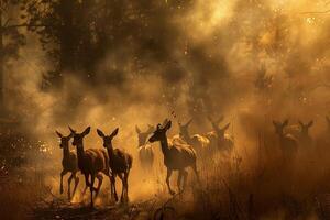 ai generiert ein Herde von Hirsch Laufen durch Rauch auf ein Pfad zu Flucht ein verheerend Wald Feuer. foto