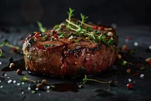 ai generiert ein Gourmet gekocht Steak garniert mit Kräuter und Gewürze foto