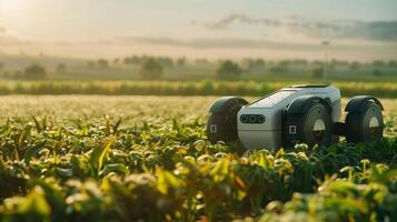 ai generiert ein fortgeschritten autonom Roboter ausgestattet mit Sensoren und ai Technologie ist Betriebs im ein landwirtschaftlich Feld. foto