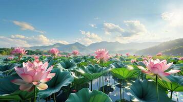 ai generiert ein viele schön Lotus Blumen beleuchtet durch das frisch Blau Himmel Tag Über ein friedlich Teich. foto