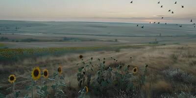 ai generiert Sonnenaufgang Über Sonnenblume Feld foto