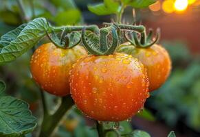 ai generiert drei Tomaten Reifung auf das Ranke mit Wasser Tröpfchen foto