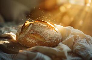 ai generiert frisch gebacken Brot und Weizen auf das hölzern Tabelle foto