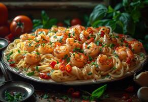 ai generiert köstlich heiß Italienisch Pasta mit Garnelen und frisch Kräuter auf Teller foto